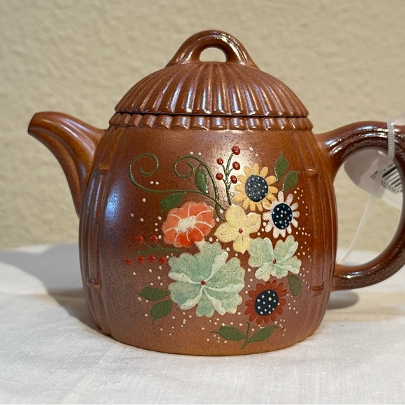 Red and Brown Ceramic Floral Art Authentic Yixing Zisha Naturally Wood-burned